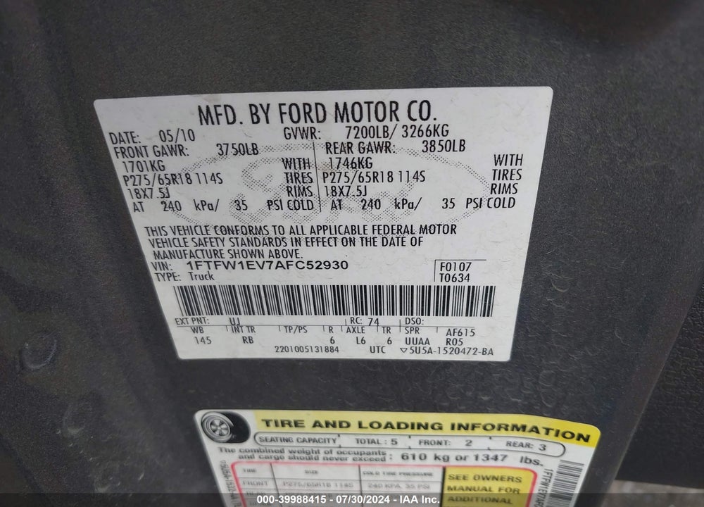 2010 HARLEY-DAVIDSON FORD F-150 FX4//KING RANCH/LARIAT/PLATINUM/XL/XLT VIN: 1FTFW1EV7AFC52930