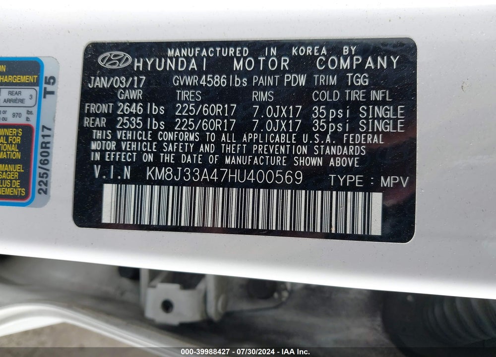 2017 HYUNDAI TUCSON SE VIN: KM8J33A47HU400569