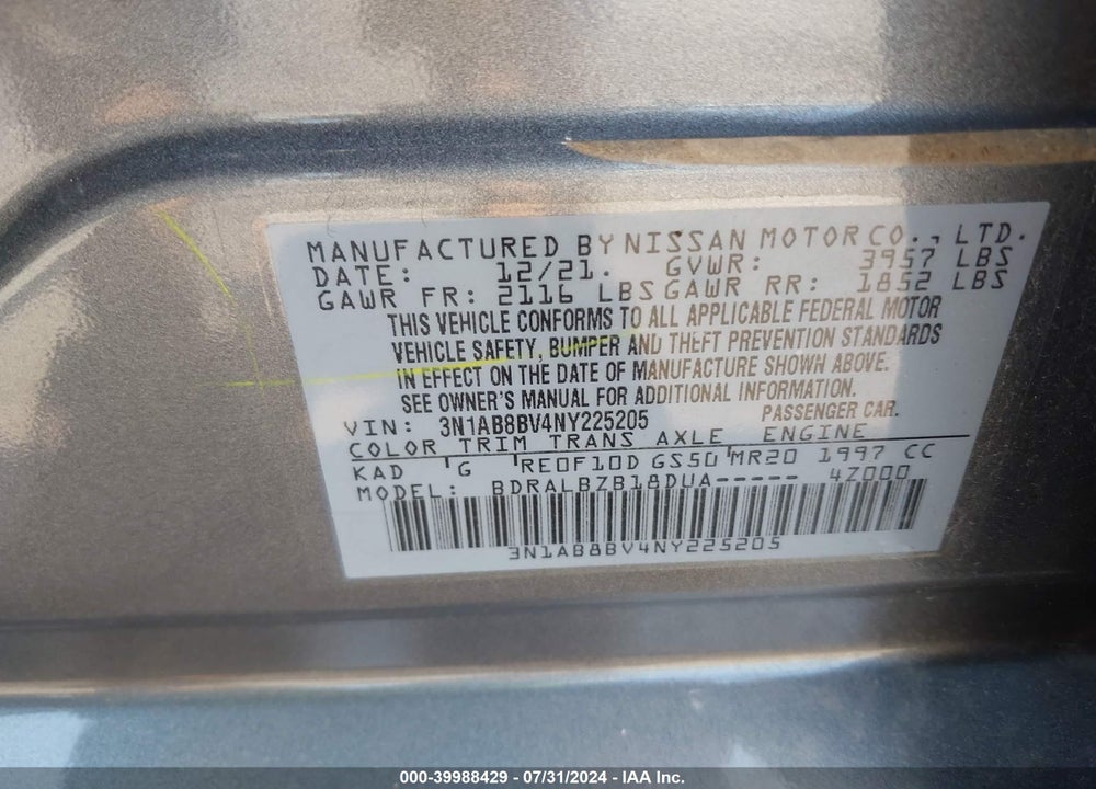 2022 NISSAN SENTRA S XTRONIC CVT VIN: 3N1AB8BV4NY225205