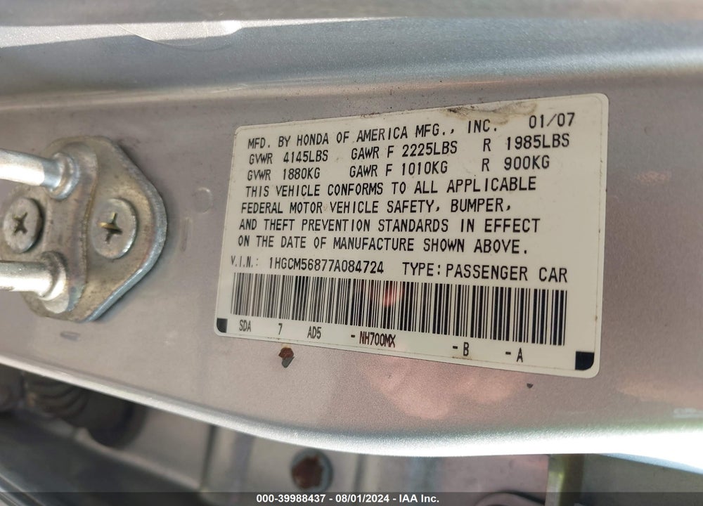 2007 HONDA ACCORD 2.4 EX VIN: 1HGCM56877A084724