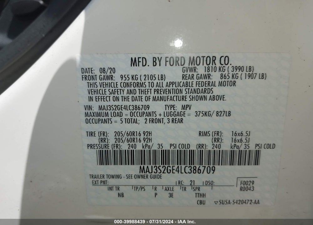 2020 FORD ECOSPORT SE VIN: MAJ3S2GE4LC386709