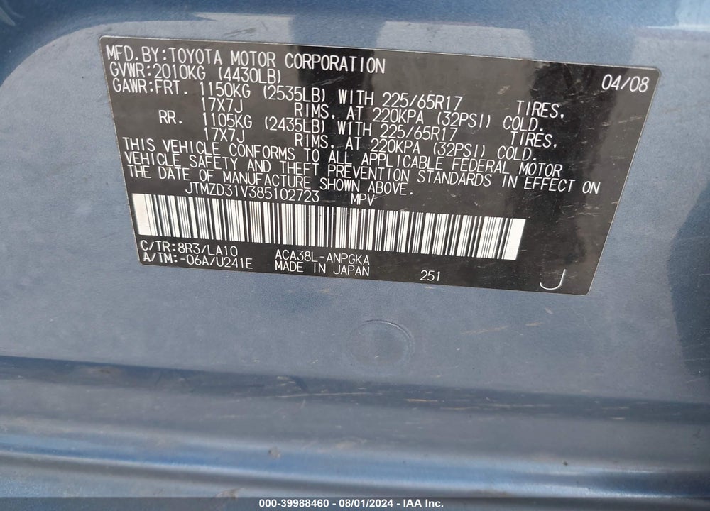 2008 TOYOTA RAV4 LIMITED VIN: JTMZD31V385102723