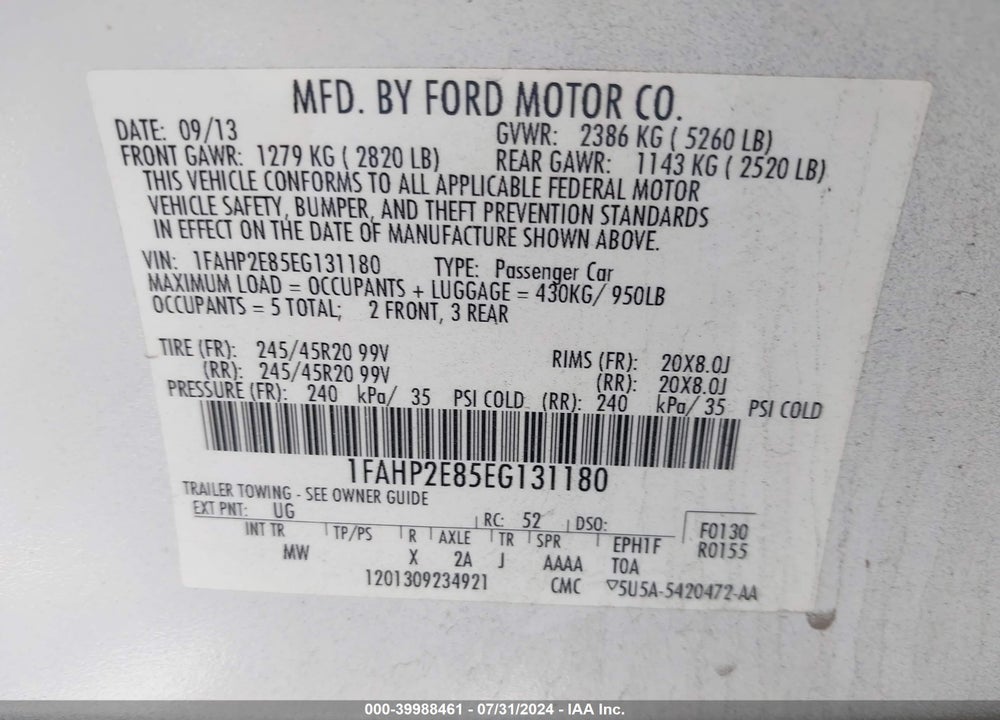 2014 FORD TAURUS SEL VIN: 1FAHP2E85EG131180