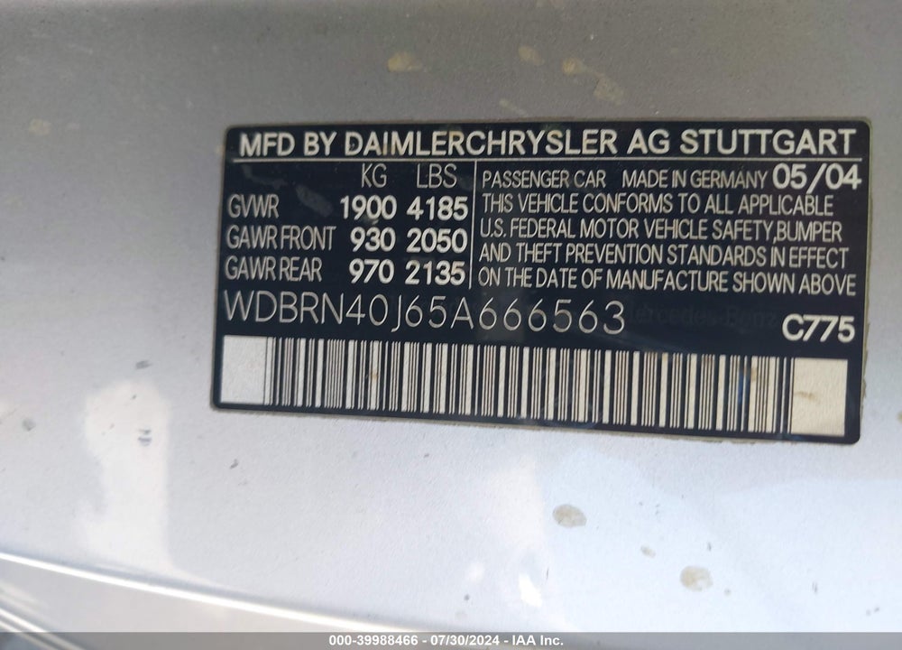 2005 MERCEDES-BENZ C 230 KOMPRESSOR SPORT VIN: WDBRN40J65A666563