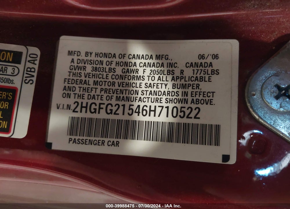 2006 HONDA CIVIC SI VIN: 2HGFG21546H710522