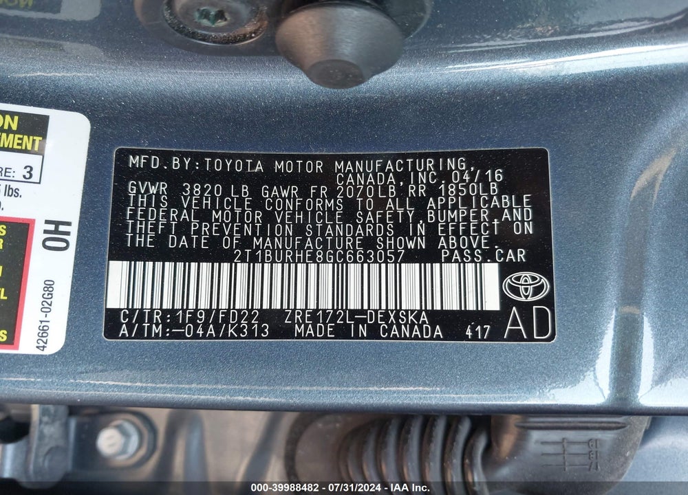 2016 TOYOTA COROLLA S PLUS VIN: 2T1BURHE8GC663057