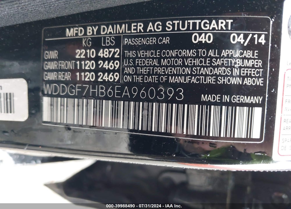 2014 MERCEDES-BENZ C 63 AMG VIN: WDDGF7HB6EA960393