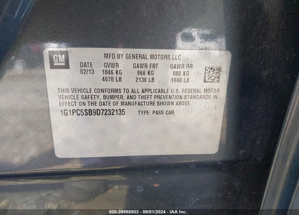 2013 CHEVROLET CRUZE 1LT AUTO VIN: 1G1PC5SB9D7232135
