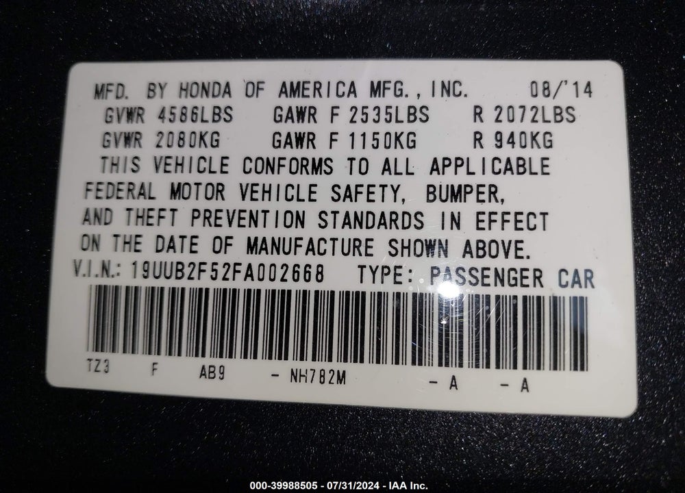 2015 ACURA TLX V6 TECH VIN: 19UUB2F52FA002668
