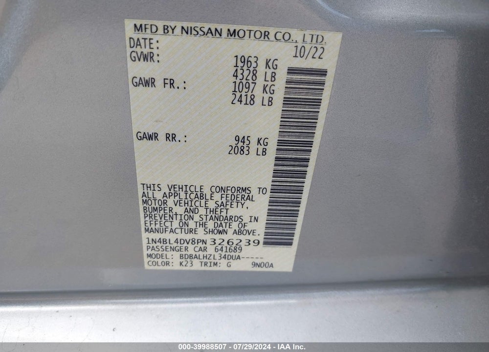 2023 NISSAN ALTIMA SV FWD VIN: 1N4BL4DV8PN326239