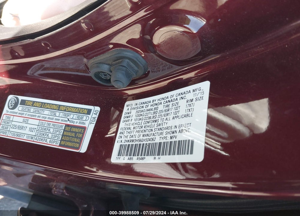 2016 HONDA CR-V EX VIN: 2HKRM3H56GH504062