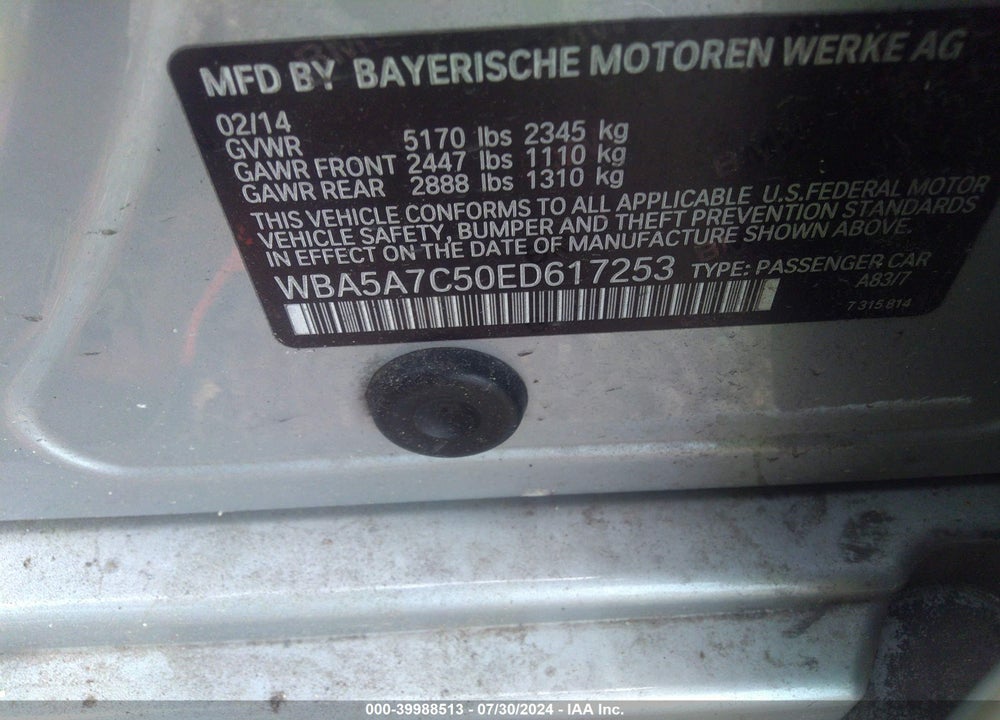 2014 BMW 528I VIN: WBA5A7C50ED617253