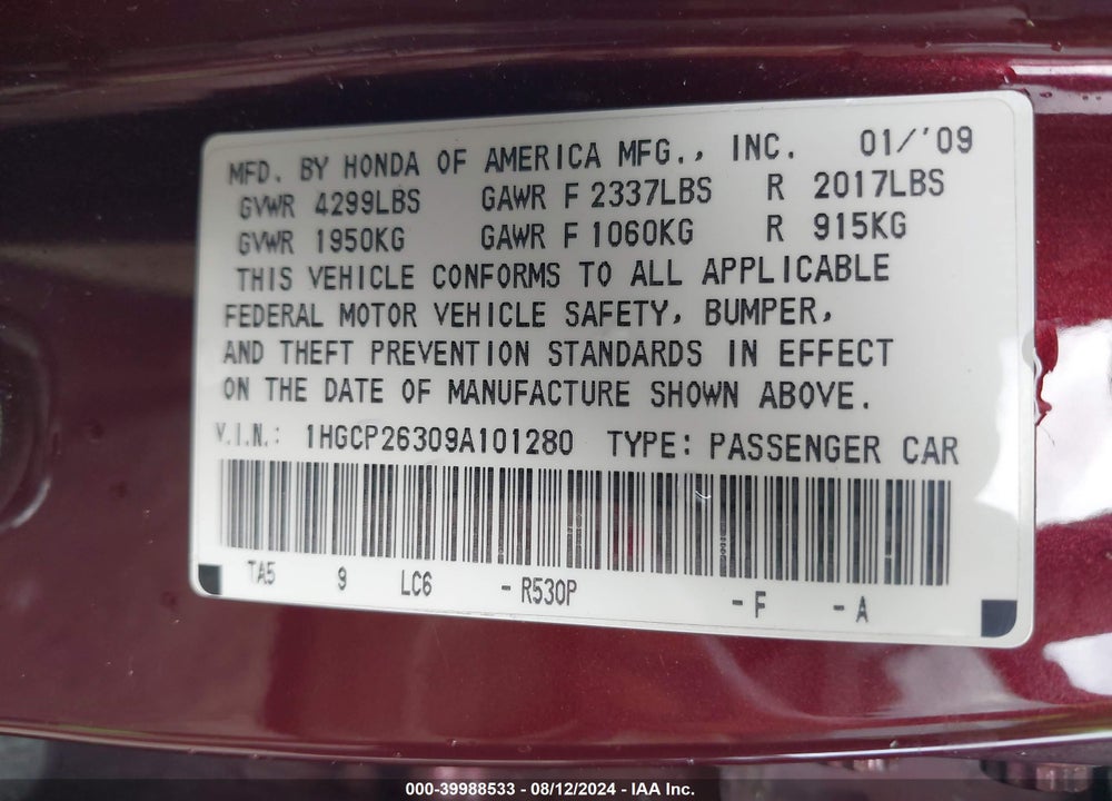 2009 HONDA ACCORD 2.4 LX VIN: 1HGCP26309A101280