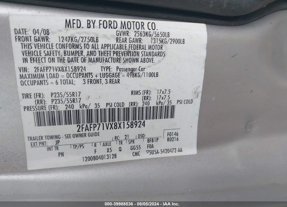 2008 FORD CROWN VICTORIA POLICE/POLICE INTERCEPTOR VIN: 2FAFP71VX8X158924