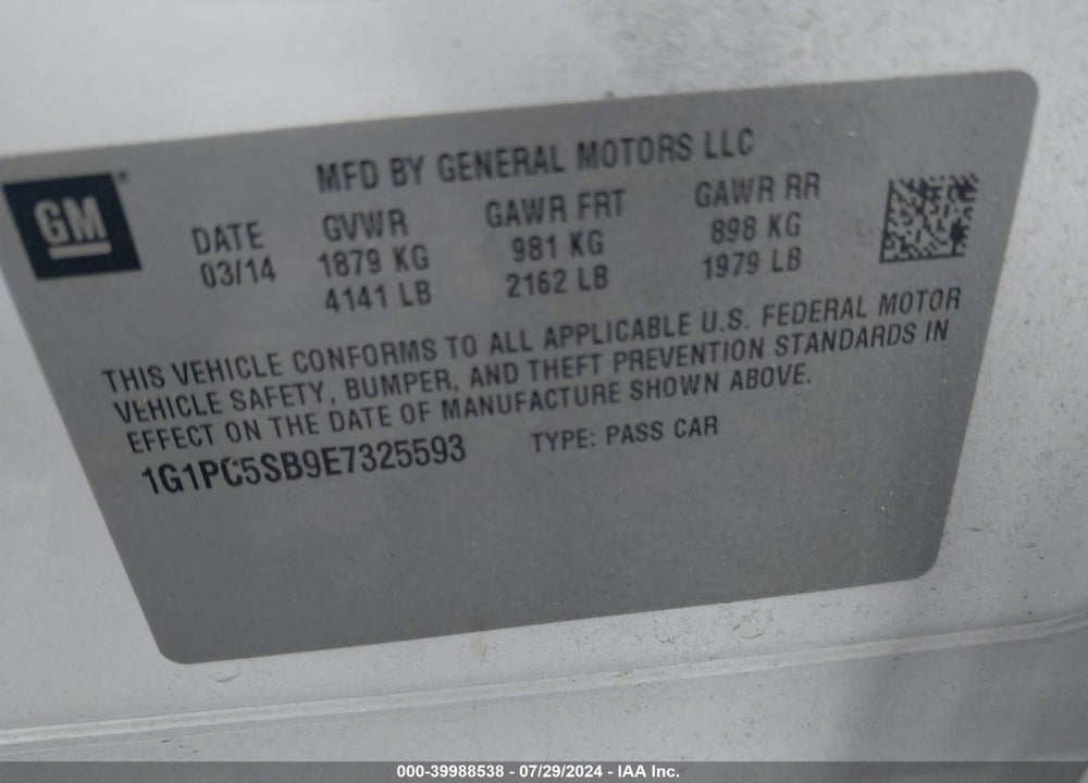 2014 CHEVROLET CRUZE 1LT AUTO VIN: 1G1PC5SB9E7325593