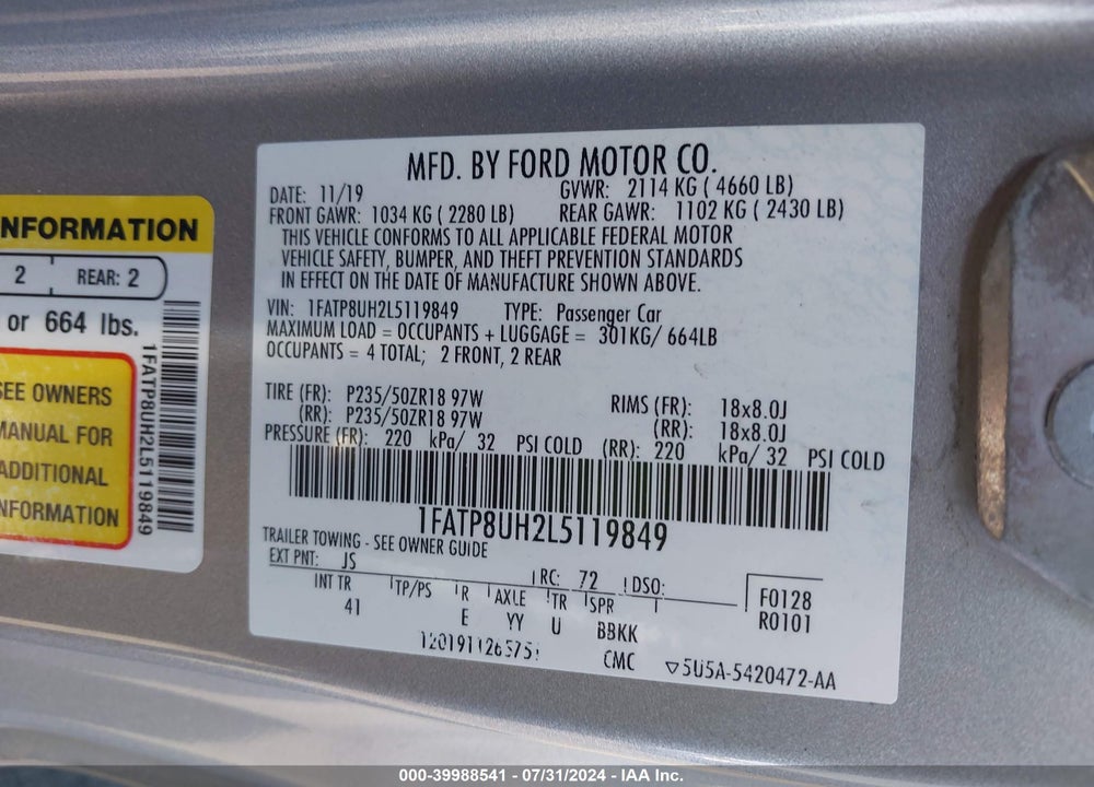2020 FORD MUSTANG ECOBOOST PREMIUM VIN: 1FATP8UH2L5119849
