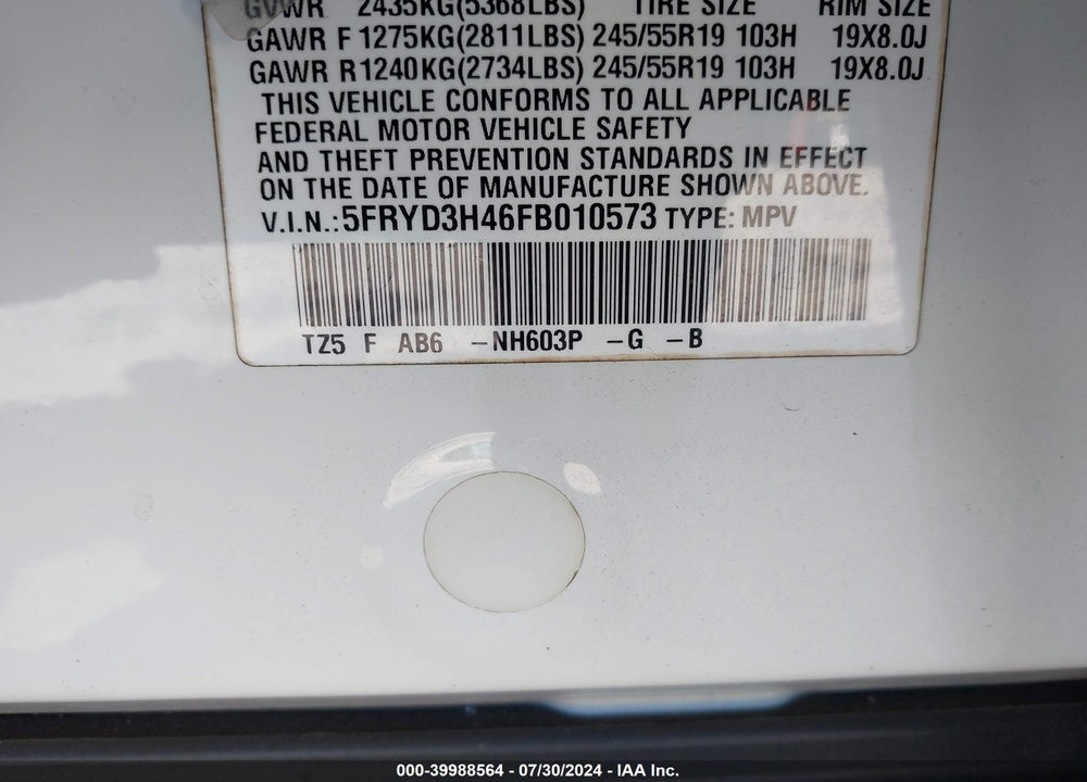 2015 ACURA MDX TECHNOLOGY PACKAGE VIN: 5FRYD3H46FB010573
