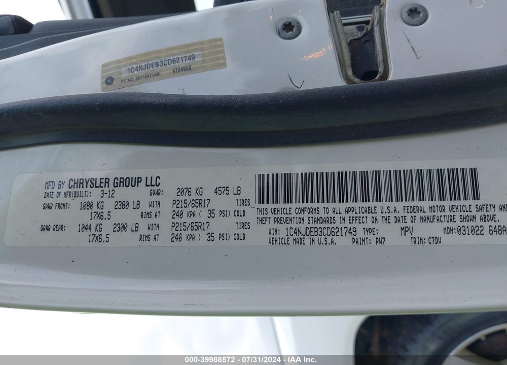 2012 JEEP COMPASS LATITUDE VIN: 1C4NJDEB3CD621749