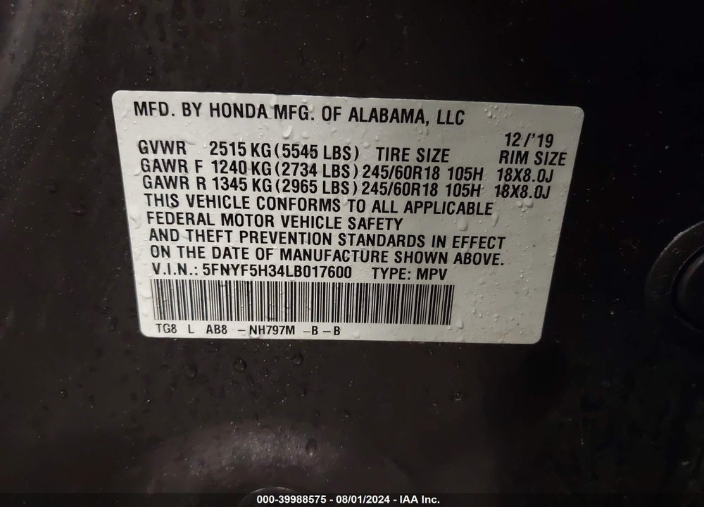 2020 HONDA PILOT 2WD EX VIN: 5FNYF5H34LB017600