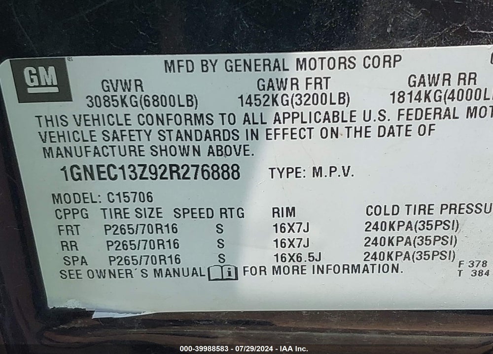 2002 CHEVROLET TAHOE LT VIN: 1GNEC13Z92R276888