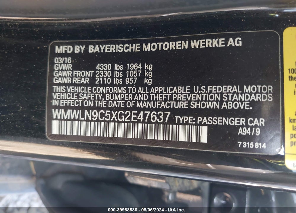 2016 MINI CLUBMAN COOPER S VIN: WMWLN9C5XG2E47637