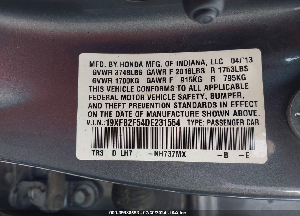2013 HONDA CIVIC LX VIN: 19XFB2F54DE231564