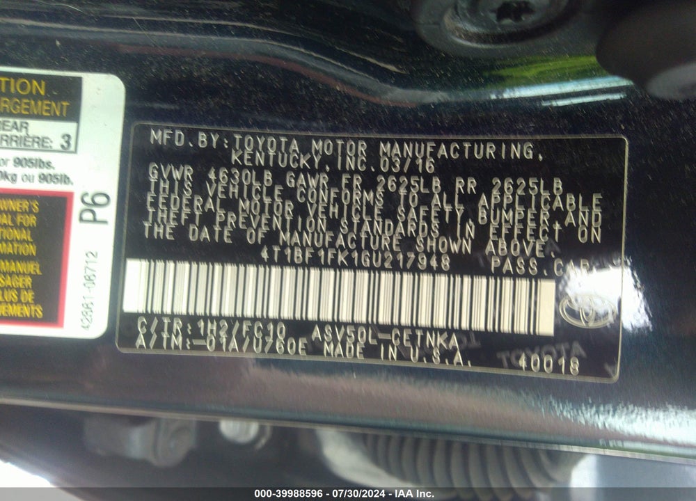 2016 TOYOTA CAMRY LE/SE/XLE/XSE VIN: 4T1BF1FK1GU217948
