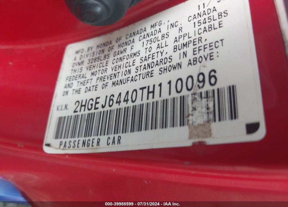 1996 HONDA CIVIC DX VIN: 2HGEJ6440TH110096
