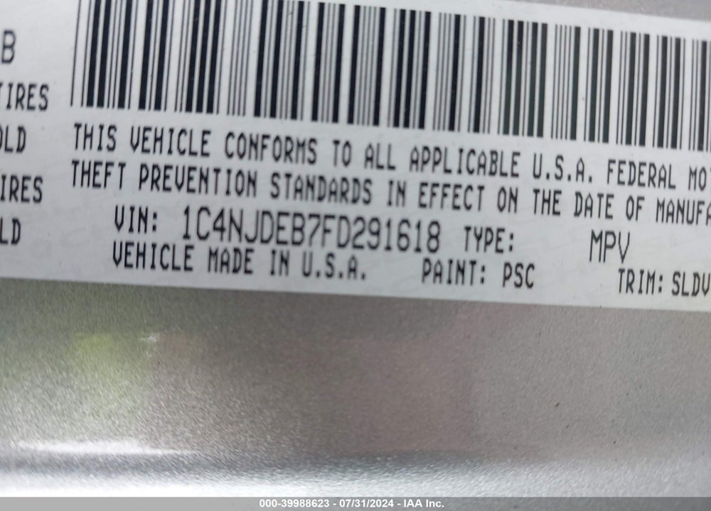 2015 JEEP COMPASS HIGH ALTITUDE EDITION VIN: 1C4NJDEB7FD291618