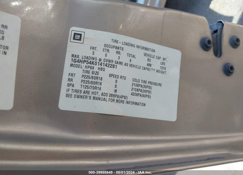 2001 BUICK LESABRE CUSTOM VIN: 1G4HP54K014142281