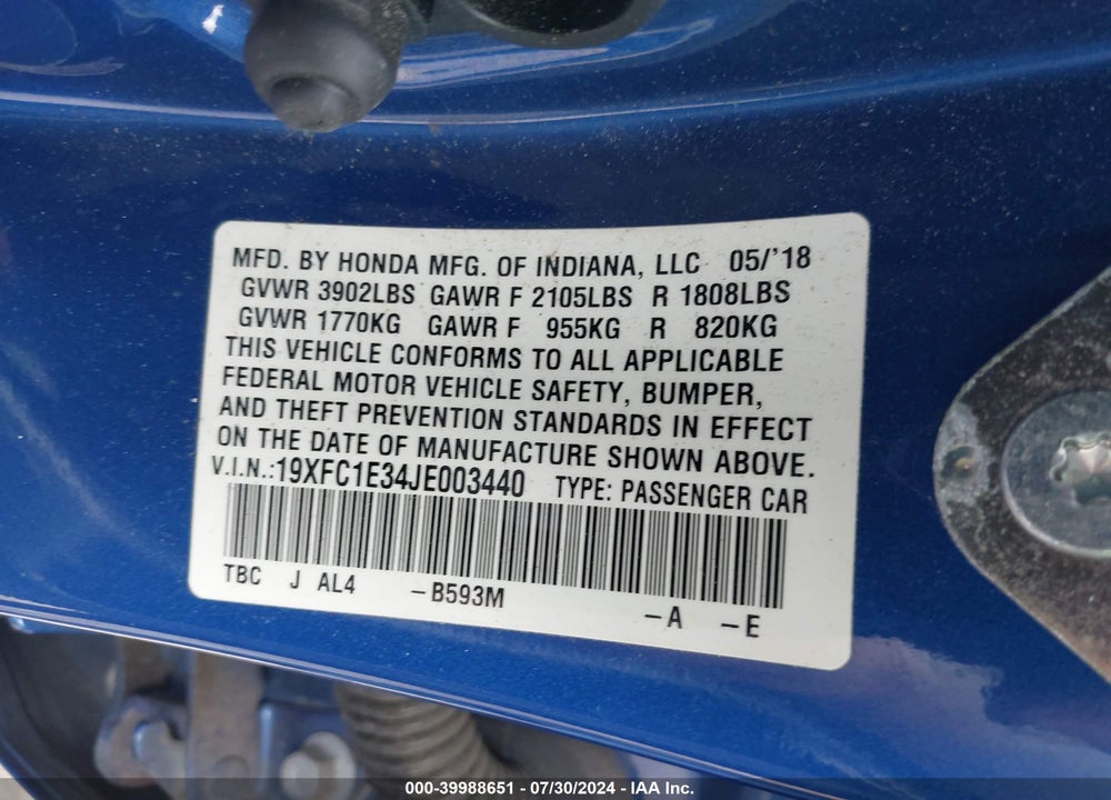 2018 HONDA CIVIC EX-T VIN: 19XFC1E34JE003440