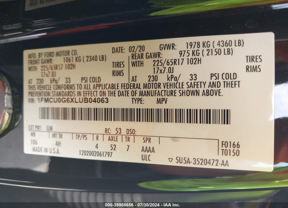 2020 FORD ESCAPE SE VIN: 1FMCU0G6XLUB04063