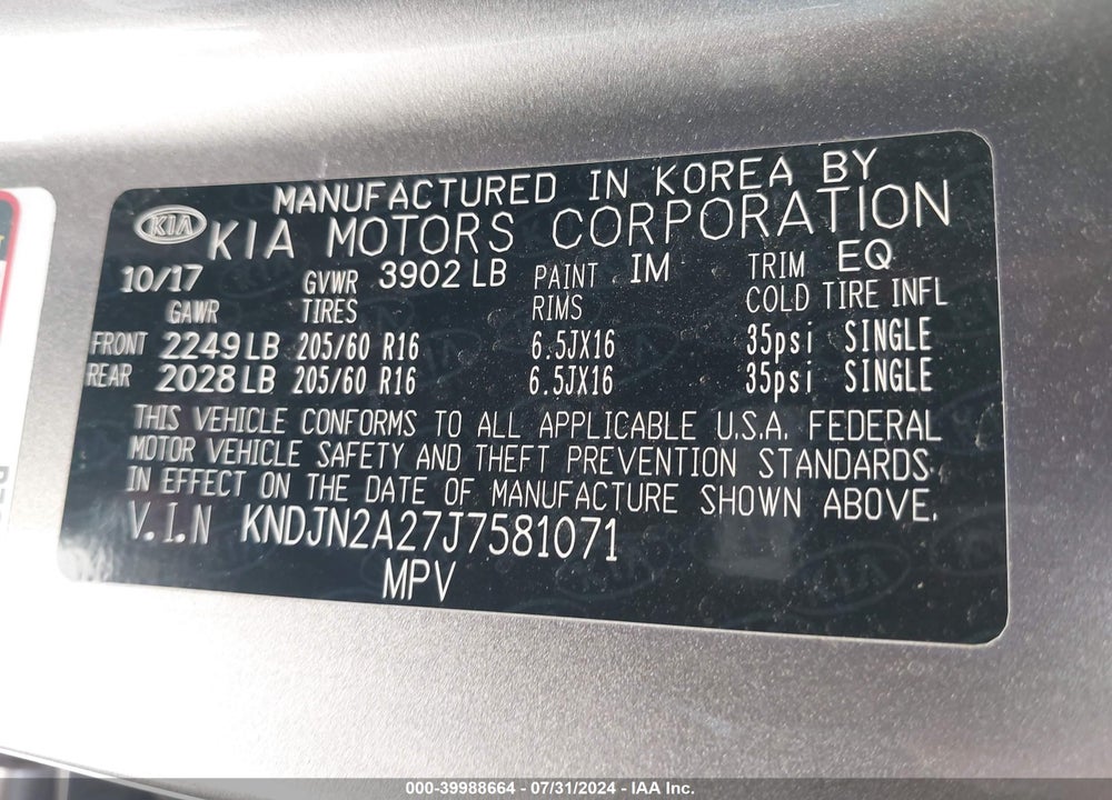2018 KIA SOUL VIN: KNDJN2A27J7581071