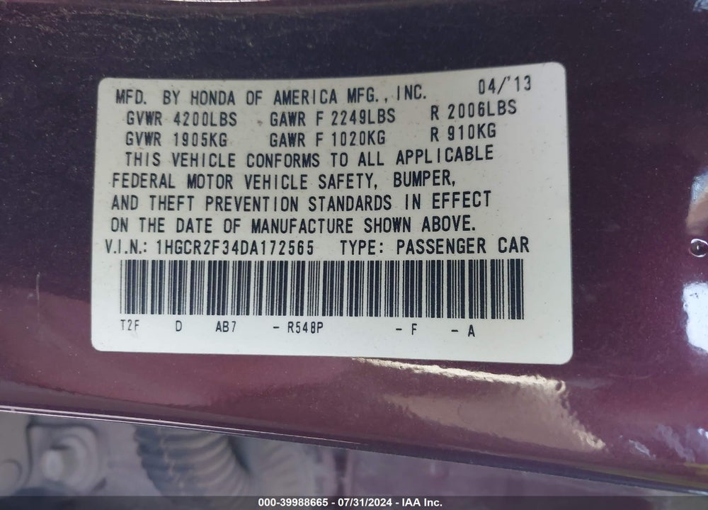 2013 HONDA ACCORD LX VIN: 1HGCR2F34DA172565