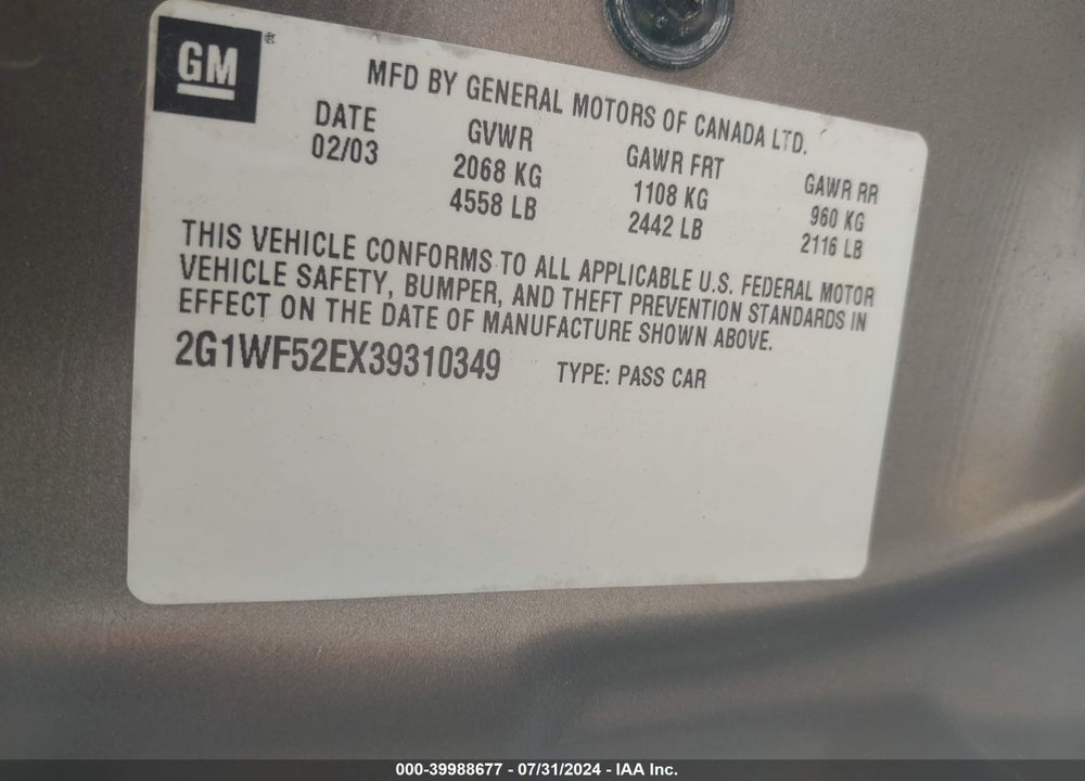2003 CHEVROLET IMPALA VIN: 2G1WF52EX39310349
