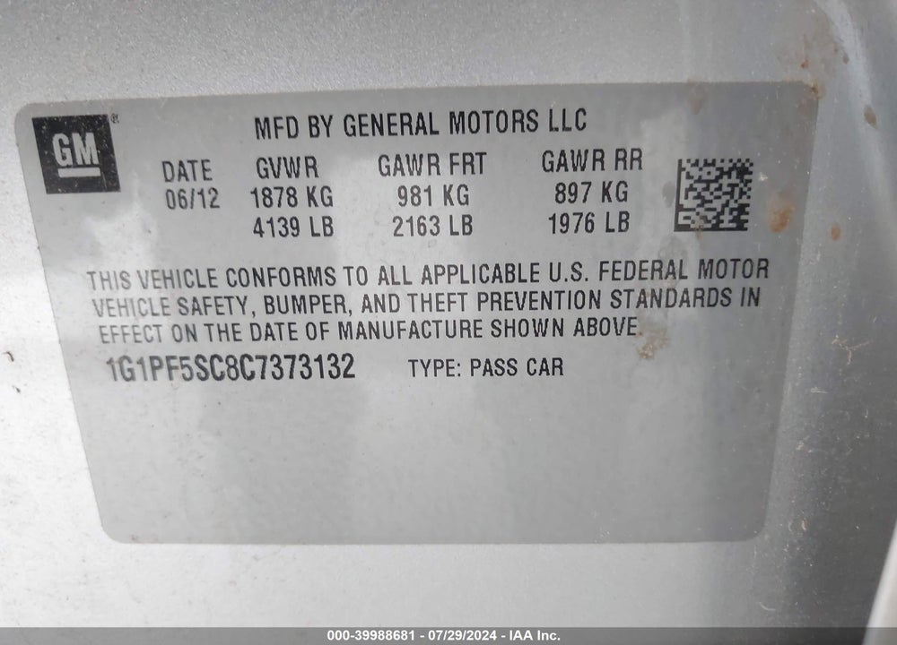 2012 CHEVROLET CRUZE 1LT VIN: 1G1PF5SC8C7373132