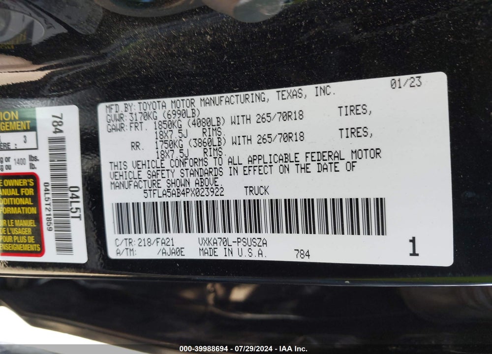 2023 TOYOTA TUNDRA CREWMAX SR/CREWMAX SR5 VIN: 5TFLA5AB4PX023922