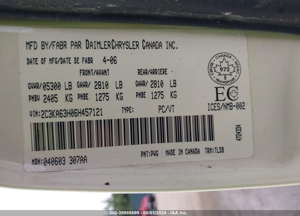 2006 CHRYSLER 300C VIN: 2C3KA63H06H457121