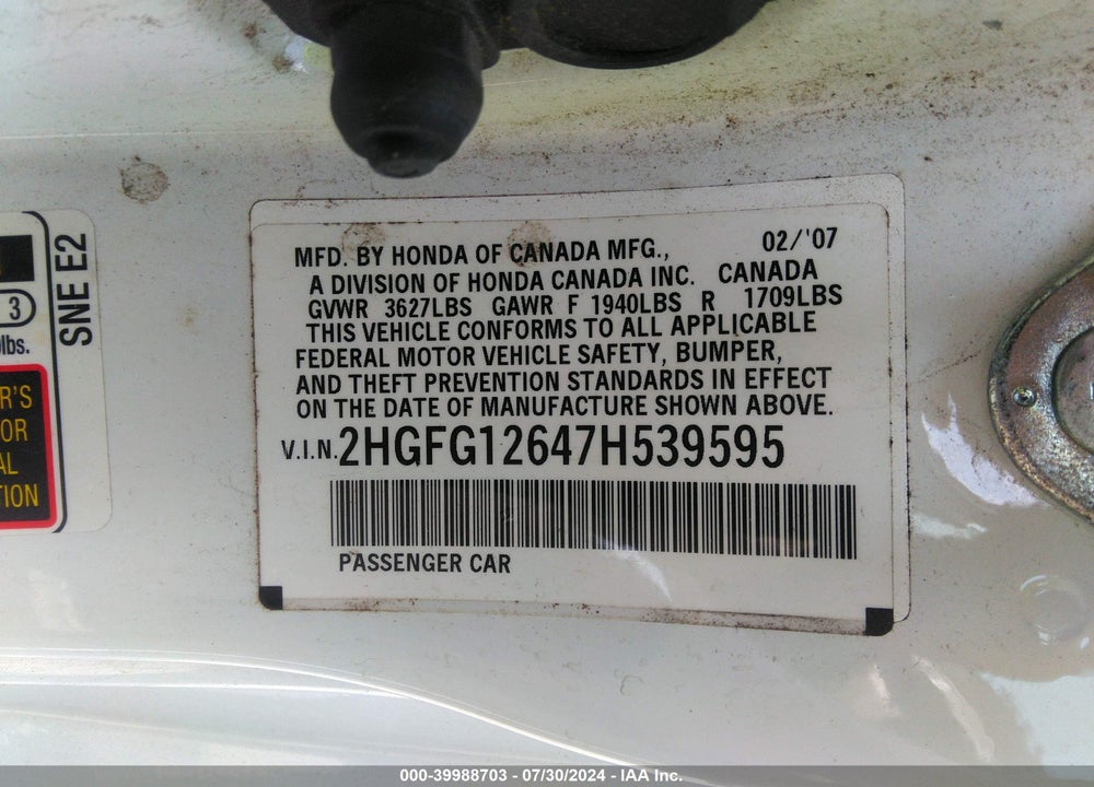 2007 HONDA CIVIC LX VIN: 2HGFG12647H539595
