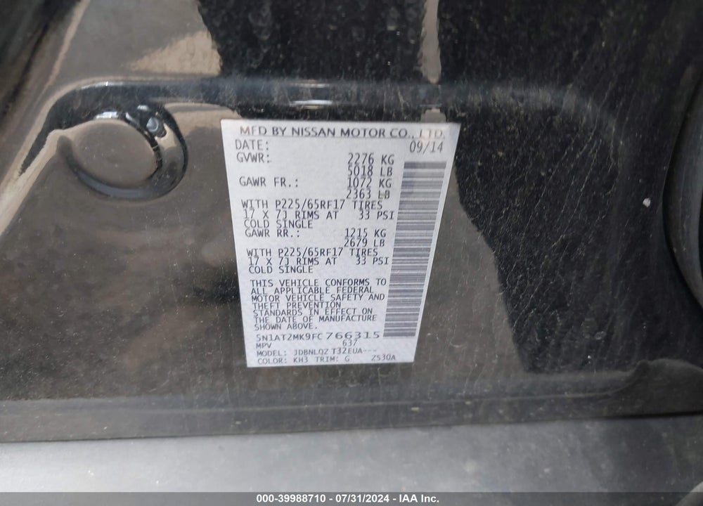 2015 NISSAN ROGUE SV VIN: 5N1AT2MK9FC766315
