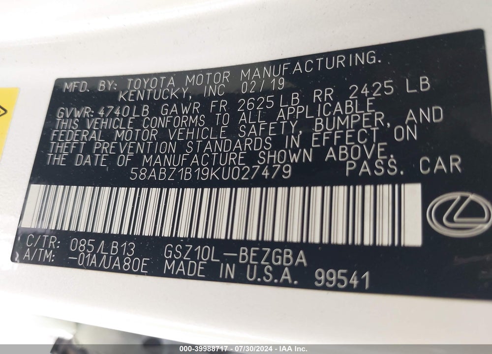 2019 LEXUS ES 350 LUXURY VIN: 58ABZ1B19KU027479