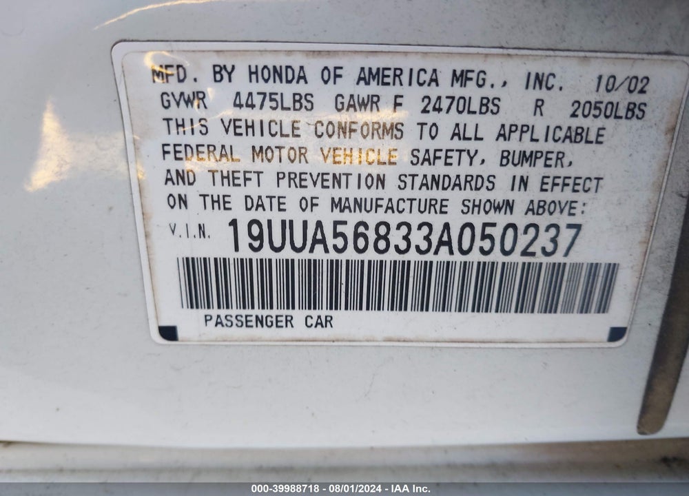 2003 ACURA TL 3.2 TYPE S VIN: 19UUA56833A050237