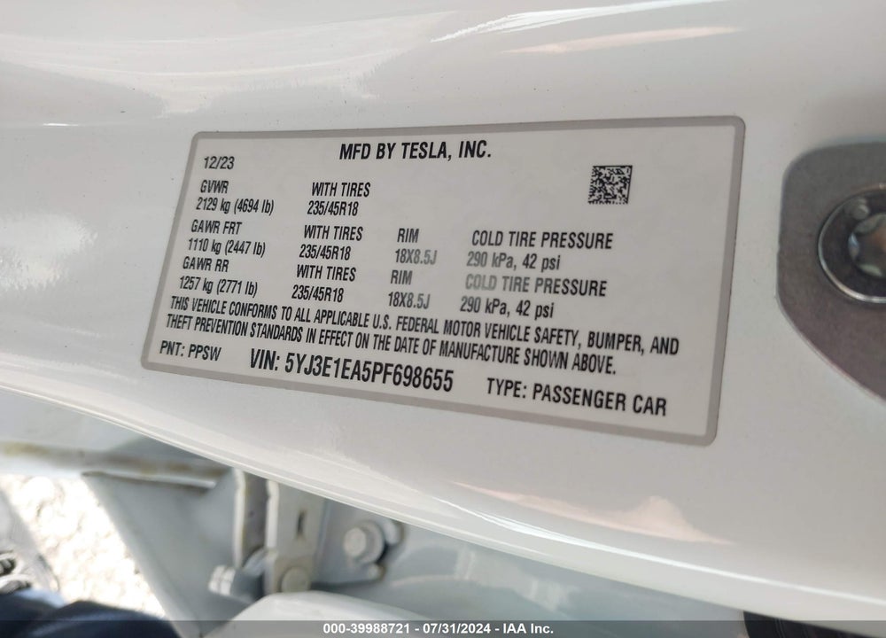 2023 TESLA MODEL 3 REAR-WHEEL DRIVE VIN: 5YJ3E1EA5PF698655