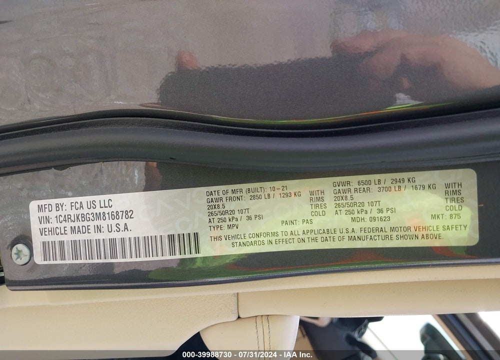2021 CHEROKEE JEEP GRAND  L LIMITED 4X4 VIN: 1C4RJKBG3M8168782