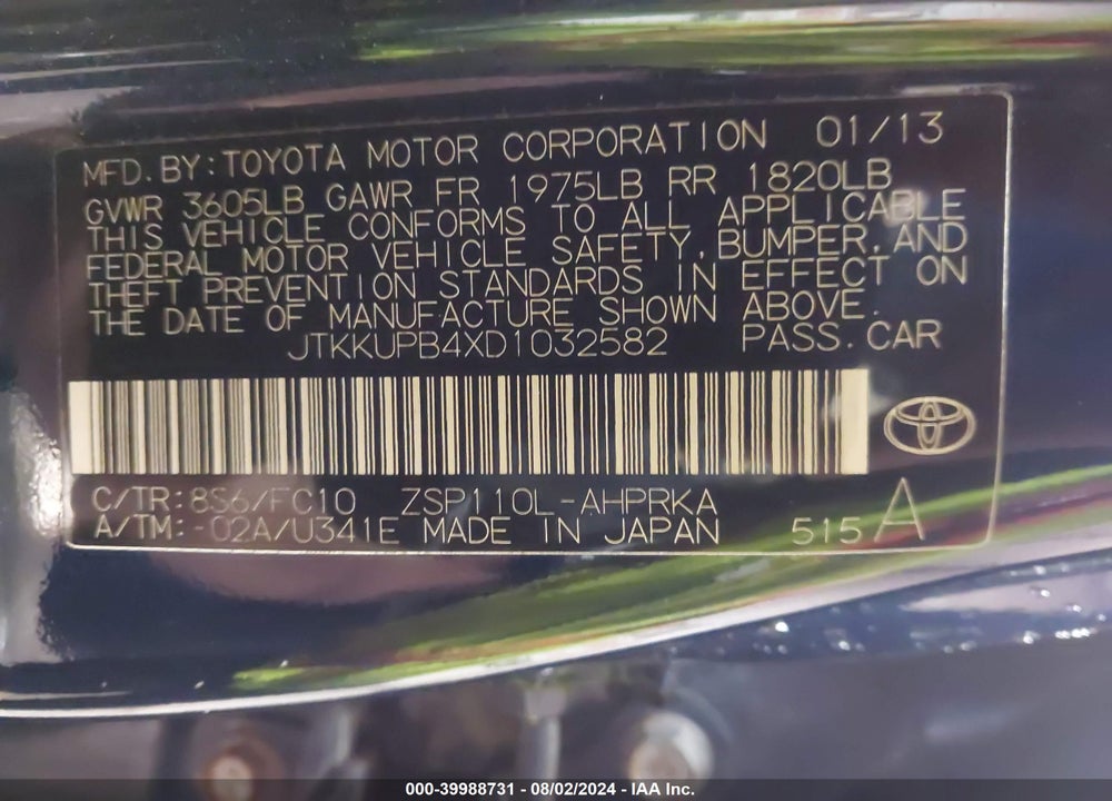 2013 SCION XD VIN: JTKKUPB4XD1032582