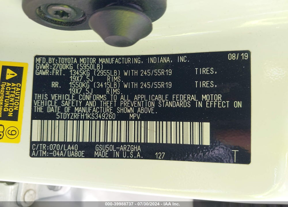 2019 TOYOTA HIGHLANDER LIMITED VIN: 5TDYZRFH1KS349260