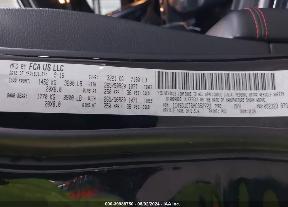2017 DODGE DURANGO R/T AWD VIN: 1C4SDJCT6HC652723