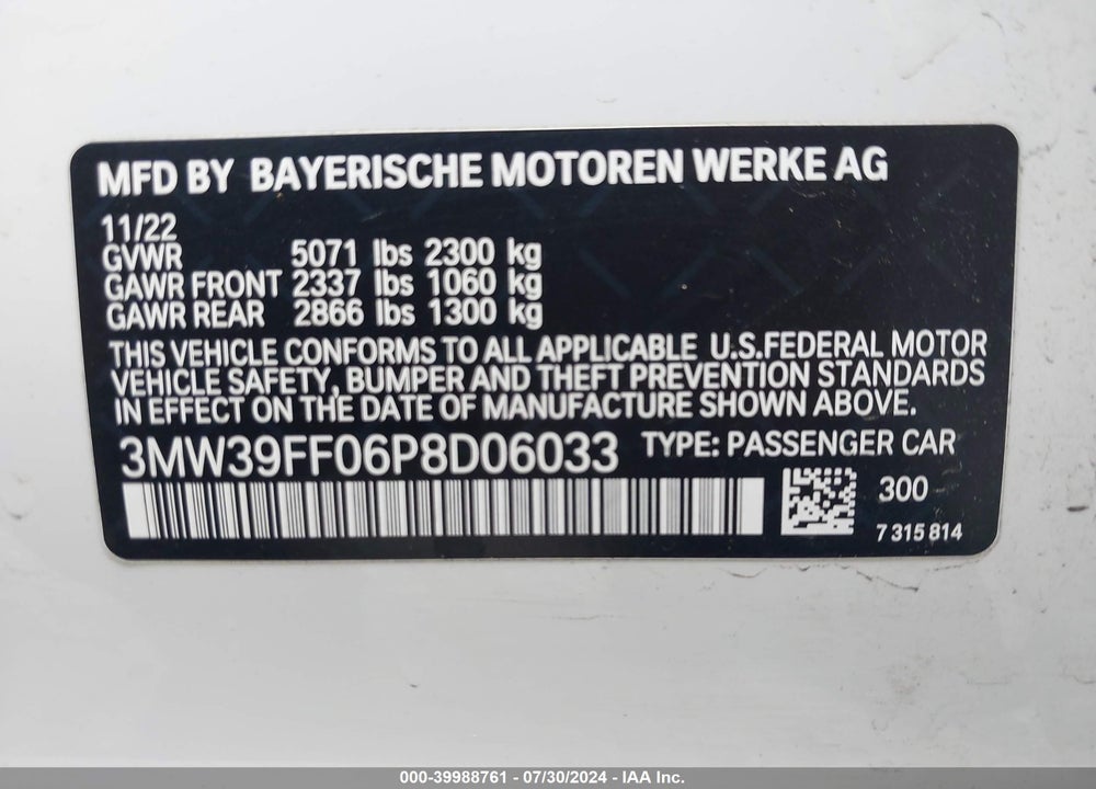 2023 BMW 3 SERIES 330E VIN: 3MW39FF06P8D06033