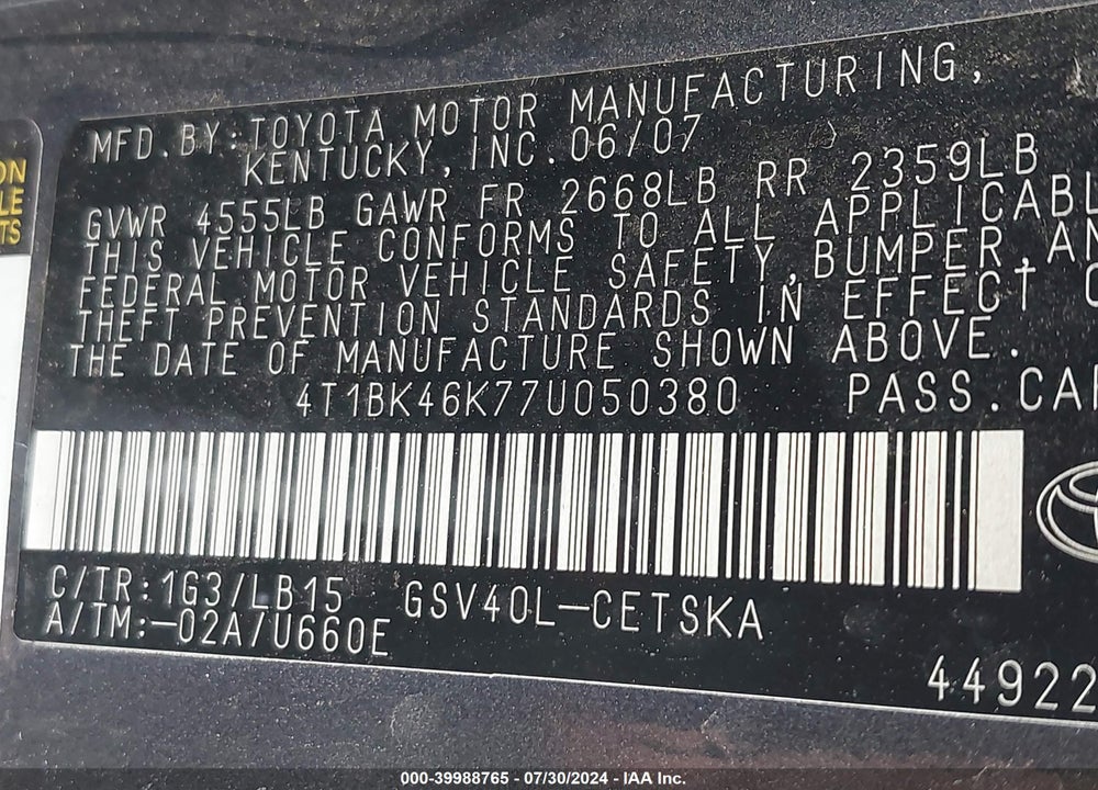 2007 TOYOTA CAMRY SE V6 VIN: 4T1BK46K77U050380