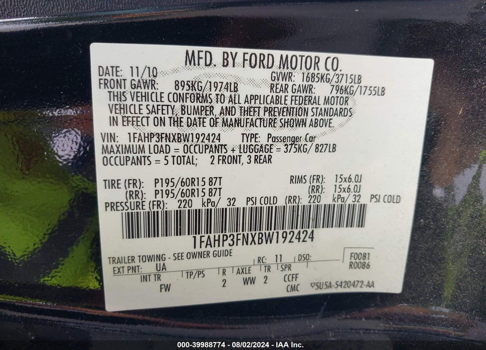 2011 FORD FOCUS SE VIN: 1FAHP3FNXBW192424